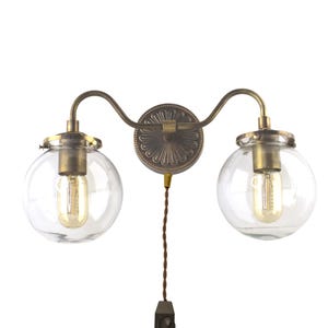 Retro Cast Brass Plug-In Sconce with Double Clear Glass Globes - Wall Mount Lighting with Dimmer Switch