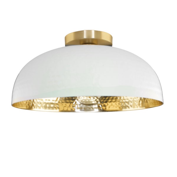 Hammered Brass and white Flush Mount Ceiling Light Fixture | Modern Lighting Fixtures | White Ceiling Light | Hallway Lighting