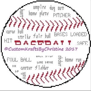 May include: A black and white baseball graphic with red stitching. The graphic includes the words "umpire", "dug out", "home plate", "pitcher", "bunt", "curve ball", "strike", "fair ball", "bases loaded", "hit", "ACCOATT", "safe", "foul ball", "line drive", "DH", "center fielder", "▷P", "walk", "chsher", "home run", and "@CustomkraftsByChristine 2017".