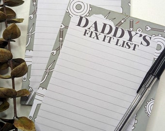 Tear off gummed notepad for him, father's day, daddy, grandad. Tools gardening, car parts. Fix it list