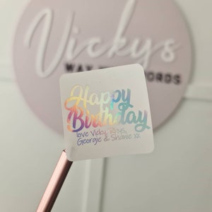 Foil happy birthday personalised stickers, holographic, gold, silver, custom cut