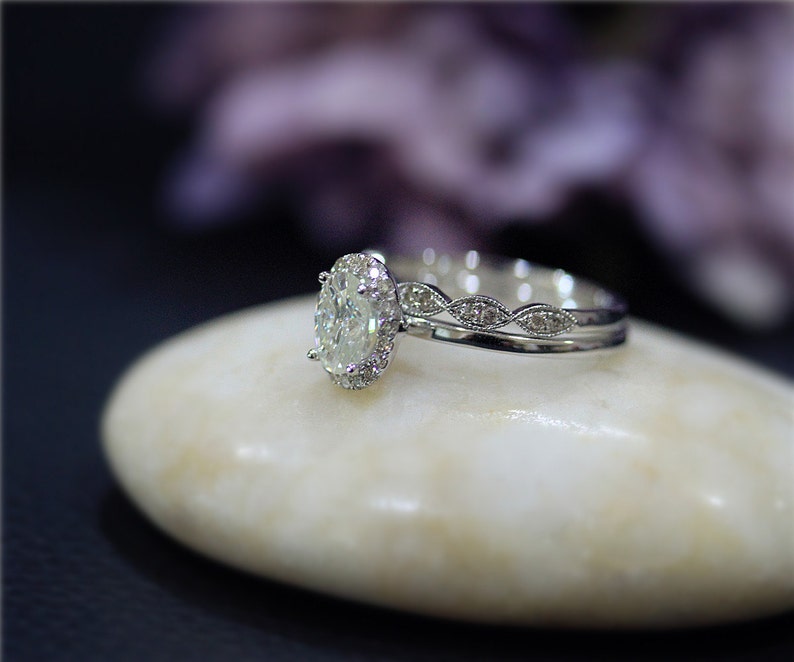 Brilliant Moissanite Engagement Ring Set 5x7mm Oval Moissanite Ring Set Solid 14K White Gold Ring Set Wedding Ring Set image 4