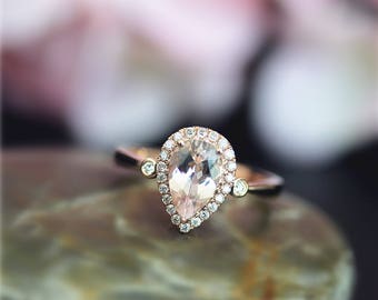 Solid 18K Rose Gold Ring 6x9mm Pear Cut Natural Pink Morganite Ring Wedding Ring Stackable Promise Ring, Anniversary Ring, Bridal Ring,