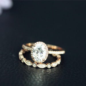 6x8mm 1.5ct Moissanite Engagement Ring Set 2 Rings Oval Moissanite Ring Set Solid 14K Rose Gold Ring Set Wedding Ring Set Bridal Set
