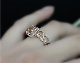 3ct Natural Cushion VS Morganite Ring Set Handmade Bridal Ring Set Solid 14K Rose Gold Ring Set Morganite Engagement Ring Set Wedding Ring