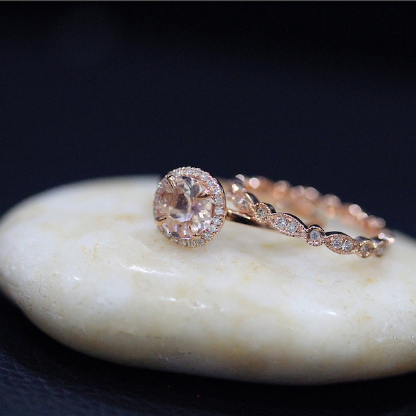 Simple Engagement Ring Set Handmade Bridal Ring Set Round Morganite Ring Set Solid 14K Rose Gold Ring Set Diamond Wedding Ring Promise Ring