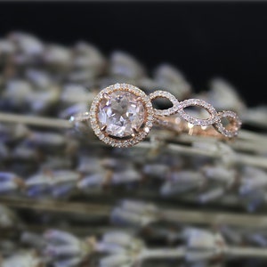 Solid 14K Rose Gold Ring Set Diamonds And Round Morganite Ring Set Handmade Bridal Ring Set Wedding Ring Promise Ring Engagement Ring Set image 2