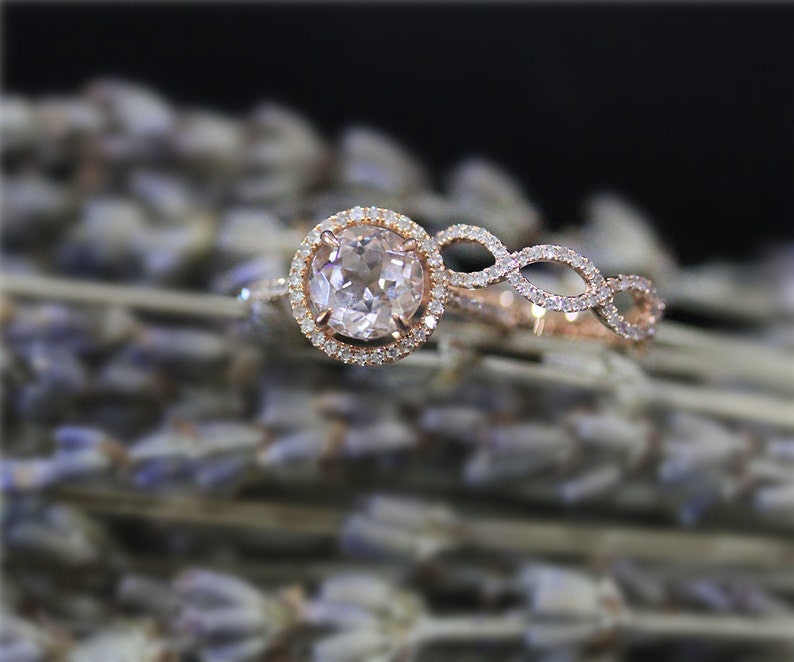 Solid 14K Rose Gold Ring Set Diamonds And Round Morganite Ring Set Handmade Bridal Ring Set Wedding Ring Promise Ring Engagement Ring Set image 2