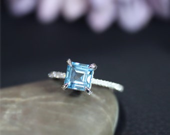 14Kホワイトゴールド ブルートパーズリング、大粒宝石の婚約指輪