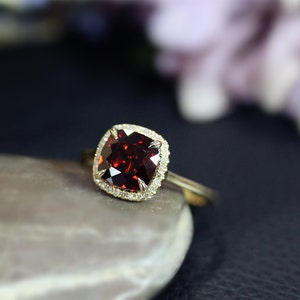 Real Red Gem! January Birthstone Engagement Ring 8mm Cushion Natural VS Garnet Ring Solid 14K Yellow Gold Ring Wedding Ring Anniversary Ring