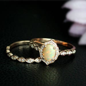 Beautiful Set!!6x8mm oval Opal Engagement Ring Set,14k Solid Gold Engagement Ring,Opal Ring,Rose Gold Wedding Ring Set,Match Wedding Band