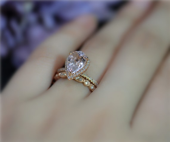 Solid 18K Rose Gold Ring Set Handmade Morganite Pear 10x7mm Halo Diamond Ring Set! Morganite Engagement Ring Set Wedding Set