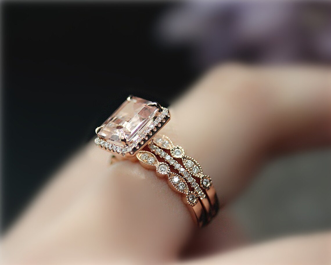 3 Rings Handmade Engagement Ring Set 7x9mm Emerald Cut Etsy