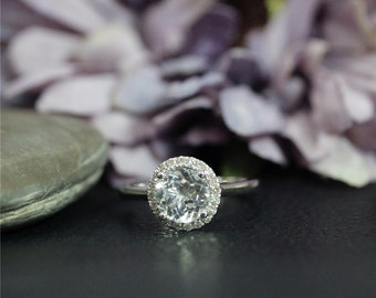 Round Gem 7mm Natural VS White Topaz Ring Engagement Ring Solid 14K White Gold Ring Wedding Ring Birthday Gift Bridal Ring