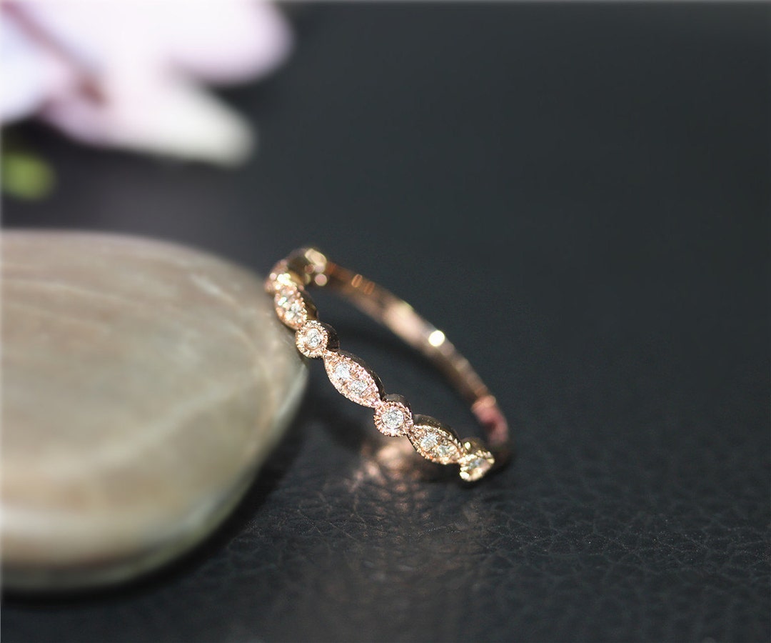 Art Deco Genuine Diamond Wedding Ring Half Eternity Solid 14K Rose Gold ...