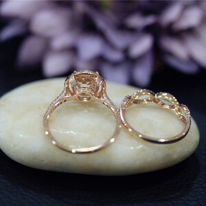 Solid 14K Rose Gold Ring Set Diamonds And Round Morganite Ring Set Handmade Bridal Ring Set Wedding Ring Promise Ring Engagement Ring Set image 5
