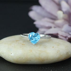 Natural Diamonds Paved Heart VS Natural Blue Topaz Ring, Engagement Ring, Solid 14K Rose Gold Ring, Diamond Accent Stones, Wedding Ring,