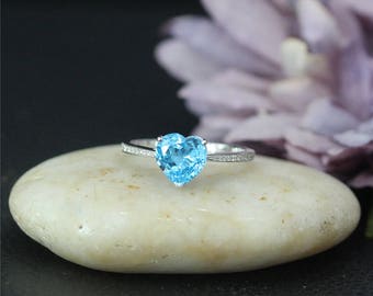 Natural Diamonds Paved Heart VS Natural Blue Topaz Ring, Engagement Ring, Solid 14K Rose Gold Ring, Diamond Accent Stones, Wedding Ring,