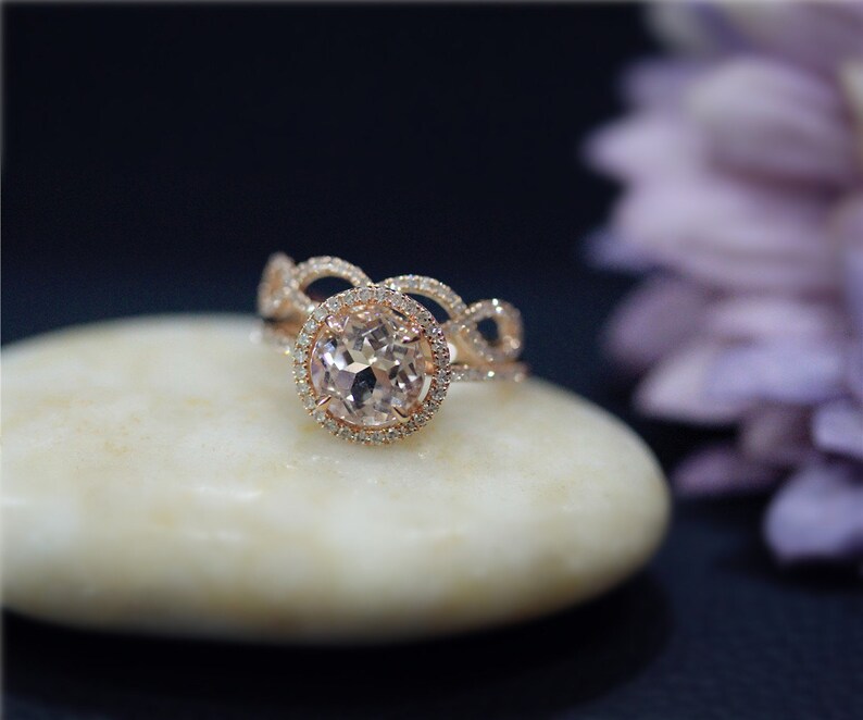 Solid 14K Rose Gold Ring Set Diamonds And Round Morganite Ring Set Handmade Bridal Ring Set Wedding Ring Promise Ring Engagement Ring Set image 3