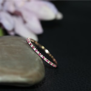 Natural Diamond & Natural Red Ruby Wedding Ring 3/4 Eternity Engagement Solid 14K Rose Gold Ring Anniversary Ring Matching Band BirthdayGift