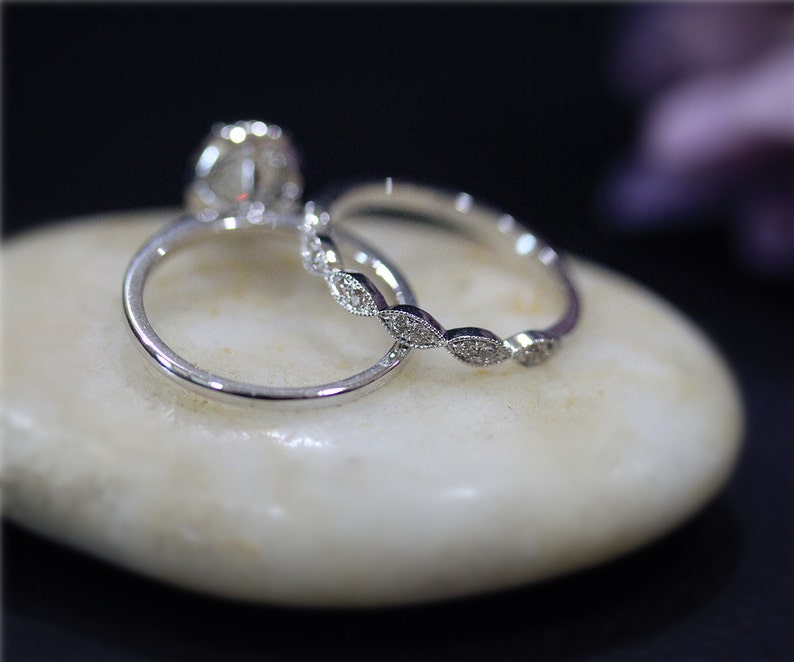 Brilliant Moissanite Engagement Ring Set 5x7mm Oval Moissanite Ring Set Solid 14K White Gold Ring Set Wedding Ring Set image 5
