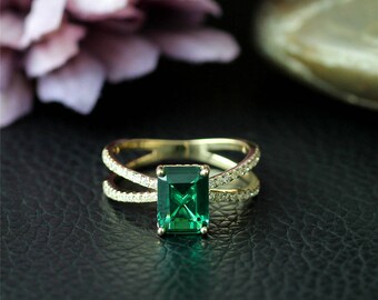 Green Gem Ring Treated Emerald Ring May Birthday Gift! Solid 14K Yellow Gold Ring Emerald Engagement Ring Match Band Wedding Ring