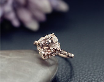 Unique, Engagement Ring. 8mm Cushion Cut Natural VS Morganite Ring, Solid 14K Rose Gold Ring, Diamonds Ring, Wedding Ring,