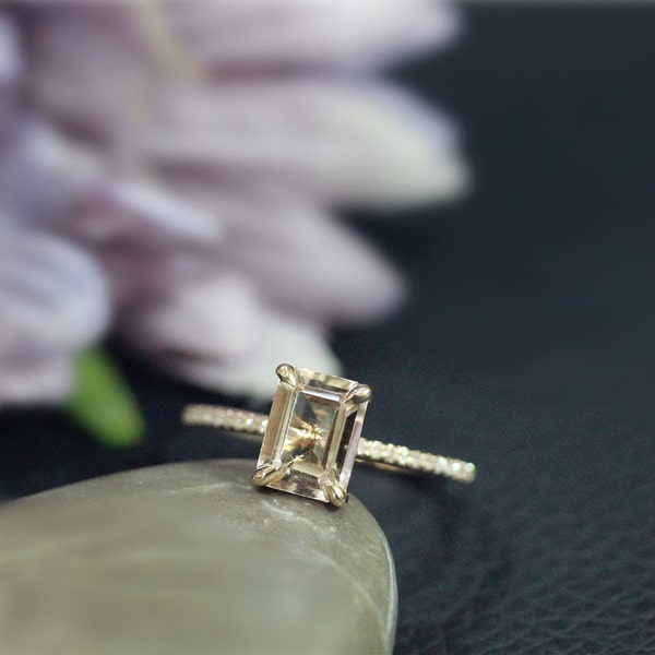 Emerald Cut 6x8mm Real Light Pink Morganite Ring Engagement Ring Solid 14K Rose Gold Ring Diamonds Wedding Ring Anniversary Ring