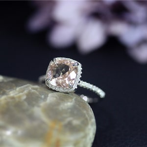 Engagement Ring 8mm Cushion Cut Natural VS Morganite Ring Solid 14K White Gold Ring Diamonds Ring Wedding Ring Promise Ring Anniversary Ring