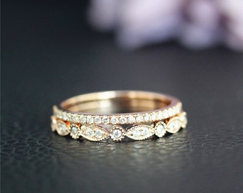 Half Eternity Real Diamonds Wedding Ring Set, Solid 14K Gold Rose Gold Ring Set, Diamonds Band Set, Engagement Ring Set, Bridal Ring Set