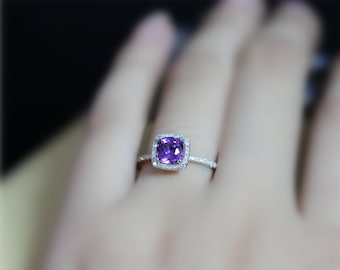 6mm Cushion Purple Gem Natural VS Amethyst Solid 14K White Gold Ring Amethyst Engagement Ring Wedding Ring Birthday Gift Propose Ring