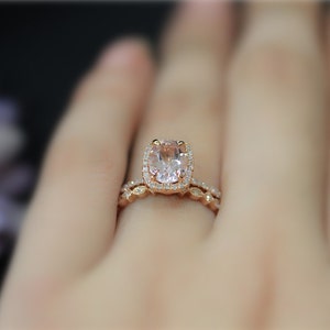 Handgemaakte Morganite Ring Set! Engegement Ring Set 6x8mm natuurlijke VS roze Morganite Ring Set effen 14 K Rose Gold Ring Trouwring belofte Ring