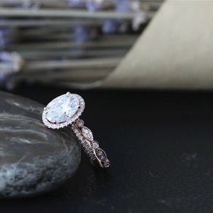 Beautiful Ring set 14K Rose Gold Moissanite Ring Set 7x9mm Charles & Colvard Oval Moissanite Engagement Ring Set Gold Diamond Wedding Band