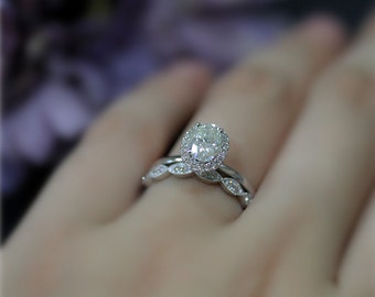 Brilliant Moissanite Engagement Ring Set 5x7mm Oval Moissanite Ring Set Solid 14K White Gold Ring Set Wedding Ring Set