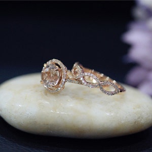 Solid 14K Rose Gold Ring Set Diamonds And Round Morganite Ring Set Handmade Bridal Ring Set Wedding Ring Promise Ring Engagement Ring Set image 4