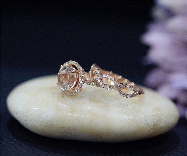 Solid 14K Rose Gold Ring Set Diamonds And Round Morganite Ring Set Handmade Bridal Ring Set Wedding Ring Promise Ring Engagement Ring Set image 4