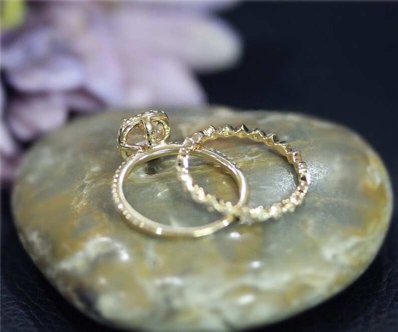 14K Yellow Gold Engagement Ring Set Handmade Round Natural | Etsy