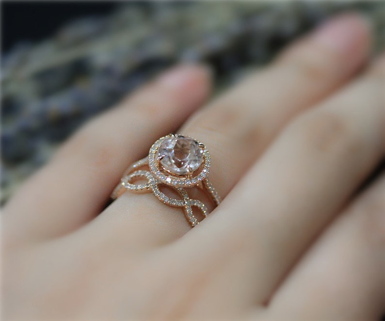 Solid 14K Rose Gold Ring Set Diamonds And Round Morganite Ring Set Handmade Bridal Ring Set Wedding Ring Promise Ring Engagement Ring Set image 1