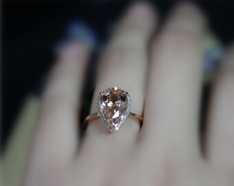 Engagement Ring 3ctw Pear Shaped Natural Pink Morganite Ring Solid 14K Rose Gold Ring Wedding Ring Stackable Wedding Ring Anniversary Ring