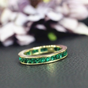 Treated Emerald Wedding Ring, Full Eternity Engagement Princess Ring, Solid 14K Yellow Gold Ring, Anniversary Ring, Birthday,