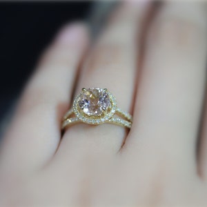 14K Yellow Gold Morganite Gem! Round Natural VS Morganite Ring Halo diamonds Solid 14K Gold Ring Morganite Wedding Ring Engagement Ring