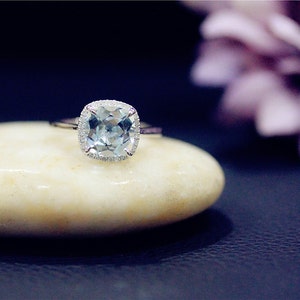 8mm Cushion VS Aquamarine Ring Stackable Wedding Ring Solid 14K White Gold Ring Diamond Wedding Ring Promise Ring Engagement Ring Match Ring
