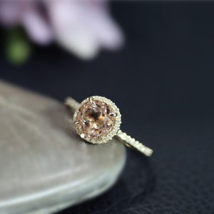 Solid 14K Yellow Gold 7mm Natural Round Cut VS Morganite Ring Wedding Ring Diamond Wedding Ring Engagement Ring Stackable Ring Bridal Ring