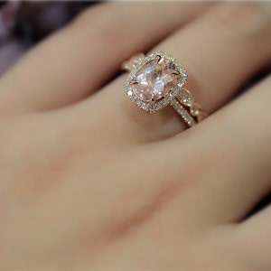 Handmade Morganite Ring Set! Engagement Ring Set 7x9mm Natural VS Pink Morganite Ring Set Solid 14K Rose Gold Ring Wedding Ring Promise Ring