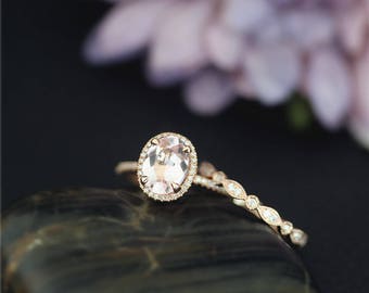 Natural VS Morganite Engagement Ring Set! 7x9mm Oval Light Pink Morganite Ring Set Solid 14K Rose Gold Ring Wedding Ring Set Bridal Set