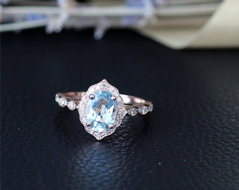 Engagement Ring Oval Aquamarine Ring Natural Aquamarine Engagement Ring Solid 14K Rose Gold Wedding Ring Promise Ring Anniversary Ring
