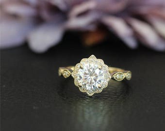 AMAZING, 7mm Round Moissanite Ring, 1.2 ctw Bright Moissanite Engagement Ring, Diamond Accent, Solid 14K Yellow Gold Ring,Wedding Ring