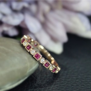 Natural Diamond & Natural Red Ruby Wedding Ring 3/4 Eternity Engagement Solid 14K Rose Gold Ring Anniversary Ring Matching Band BirthdayGift