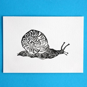 Slak handprinted Linosnede afdrukken / / briefkaart formaat - A6, 4.1 "x 5.8"