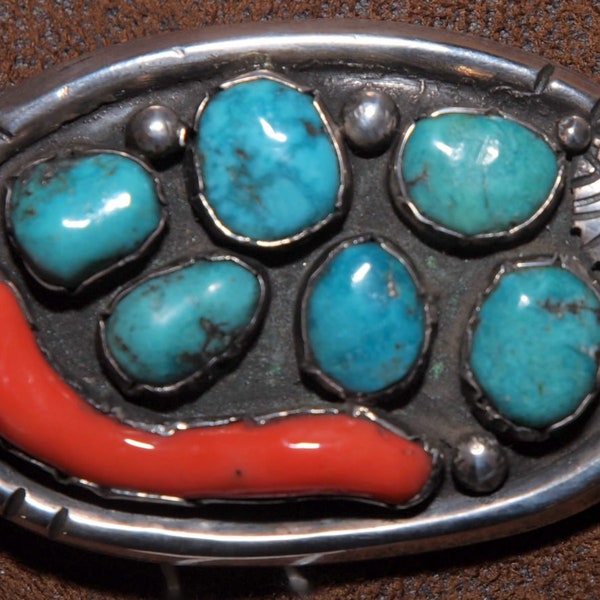 Navajo Indian Heavy Gauge Sterling Silver and Turquoise and Coral Belt Buckle